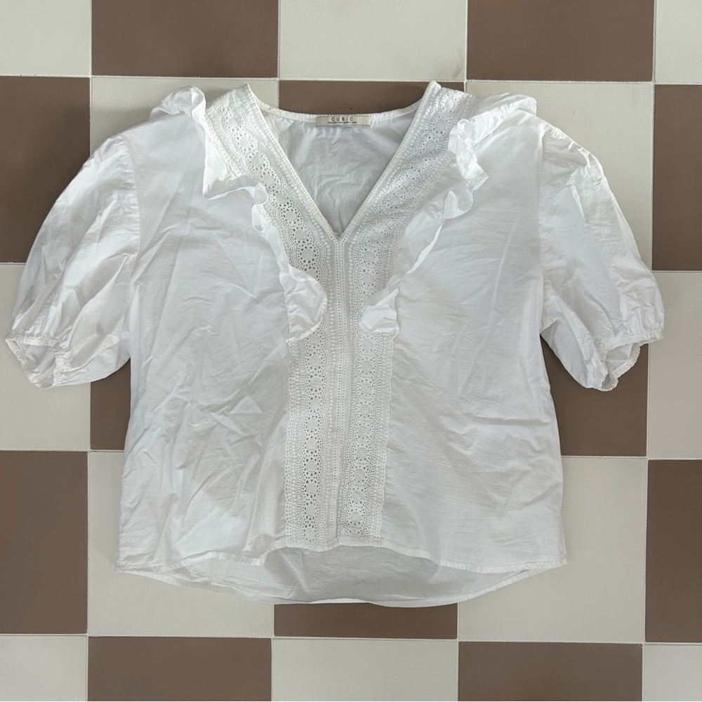 Cubic London White Lace Ruffle Front Cotton Puff Sleeve Shirt Size Small